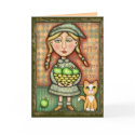Vintage Apple Girl & Cat Art Greeting Card