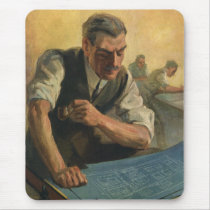 Vintage Architect Reviewing Blueprints Mouse Pad