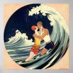 Vintage Art Deco Love Romantic Kiss Beach Wave Print