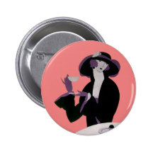 Vintage Art Deco Woman Afternoon Tea and Pastry Pinback Button