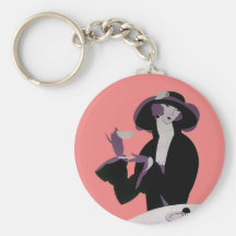 Vintage Art Deco Woman Afternoon Tea and Pastry Key Chains