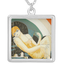 Vintage Art Deco Woman Reclining on Couch, Chompre Necklace
