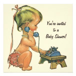 Vintage Baby Shower, Cute Girl Talking on Phone Personalised Announcements