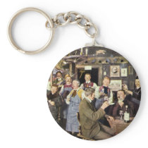 Vintage Bar Scene with People Celebrating Keychain
