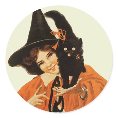 Vintage Beautiful Witch with Black Cat On Shoulder Round Sticker by Tchotchke