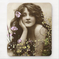 Vintage Beauty with Flowers Mouse Mats