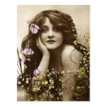 Vintage Beauty with Flowers Postcard