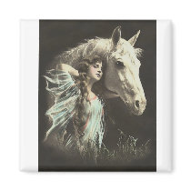 Vintage Beauty With White Horse Magnets