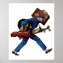 Vintage Bellhop in Uniform and Carrying Luggage Print