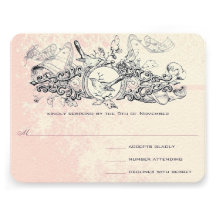 Vintage Bird Pink Musical Scroll Wedding RSVP Personalised Invite