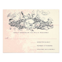 Vintage Bird Pink Musical Scroll Wedding RSVP Personalised Invitation
