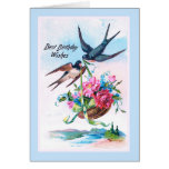 Vintage Birthday Card With Swallows And Roses
