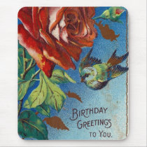 Vintage Birthday Wishes Rose and Bird Mouse Mats