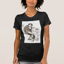 Vintage Black White Mermaid Drawing Tee Shirt
