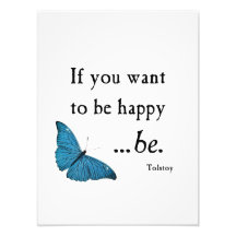 Vintage Blue Butterfly and Tolstoy Happiness Quote Photo Print