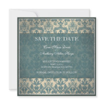 Vintage blue damask save the date card announcement