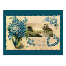 Vintage Blue Flower Valentine Postcard