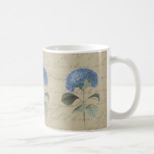 Vintage Blue Hydrangea with Antique Calligraphy Mugs