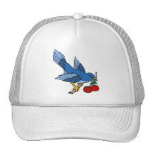 Vintage Bluebird and Cherries Tattoo Art Mesh Hats