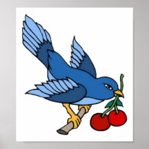 Vintage Bluebird and Cherries Tattoo Art Poster