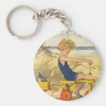 Vintage Boy Playing at the Beach with Sand Toys Keychain