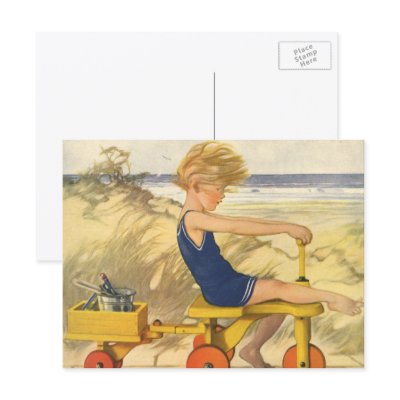 Vintage Boy Playing at the Beach with Toys Postcards