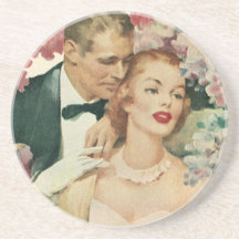 Vintage Bride and Groom Newlyweds and Flowers Beverage Coasters