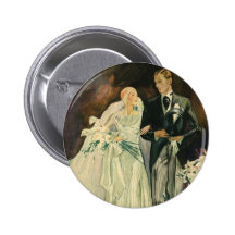 Vintage Bride and Groom; Newlyweds Just Married! Button