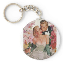 Vintage Bride and Groom, Newlyweds with Flowers Keychain
