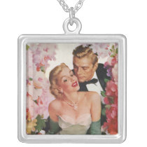 Vintage Bride and Groom, Newlyweds with Flowers Pendants