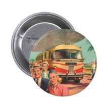 Vintage Bus Depot with Passengers on Vacation Pins