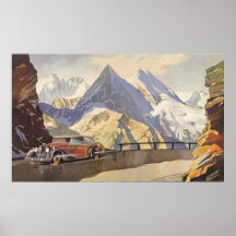 Vintage Car on Mountain Road with Snow in Winter Poster