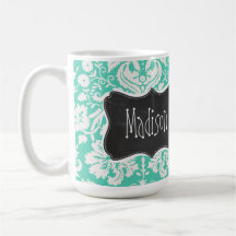 Vintage Chalkboard look; Seafoam Green Damask Coffee Mugs