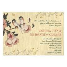 Vintage Cherry Blossom Chickadee  Damask Wedding Personalised Announcement