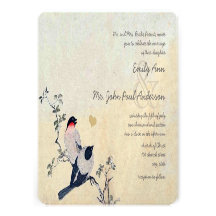 Vintage Cherry Blossom Chickadee  Damask Wedding Invitation