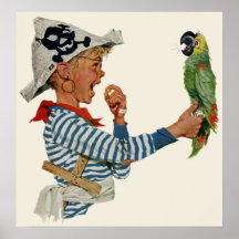 Vintage Child, Boy Playing Pirate with His Parrot Posters