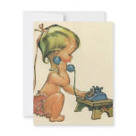 Vintage Child Cute Blonde Girl Talking on Toy Phon