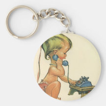 Vintage Child Cute Blonde Girl Talking on Toy Phon Key Chain
