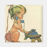Vintage Child Cute Blonde Girl Talking on Toy Phon Fridge Magnet