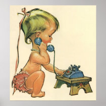 Vintage Child Cute Blonde Girl Talking on Toy Phon
