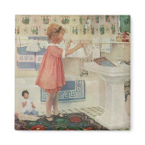 Vintage Child Doing Laundry, Hanging Clothes Magnets