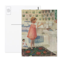 Vintage Child Doing Laundry, Hanging Clothes Post Cards