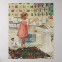 Vintage Child Doing Laundry, Hanging Clothes Poster