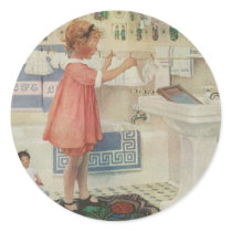 Vintage Child Doing Laundry, Hanging Clothes Round Stickers