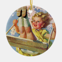 Vintage Child, Girl Swinging on Tree Swing, Spring Ornaments