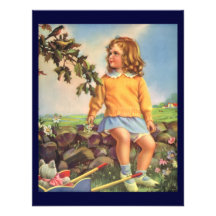 Vintage Child, Girl Watching Birds in Tree, Spring Custom Announcement