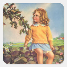 Vintage Child, Girl Watching Birds in Tree, Spring Stickers