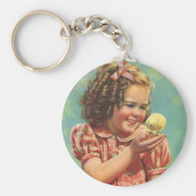 Vintage Child, Happy Smile, Girl with Baby Chick Keychains