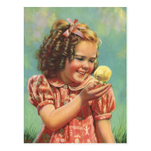 Vintage Child, Happy Smile, Girl with Baby Chick Postcard