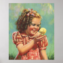 Vintage Child, Happy Smile, Girl with Baby Chick Print